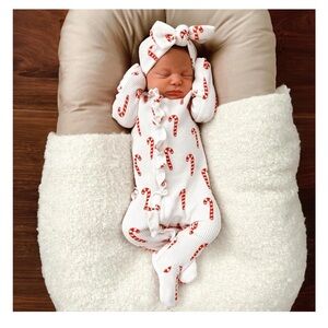 Organic waffle ruffle zip footie Spearmint love candy cane Christmas